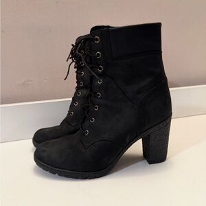 Timberland Glancy 6 Inch Black Nubuck Leather Lace Up Heeled Combat Boots Womens